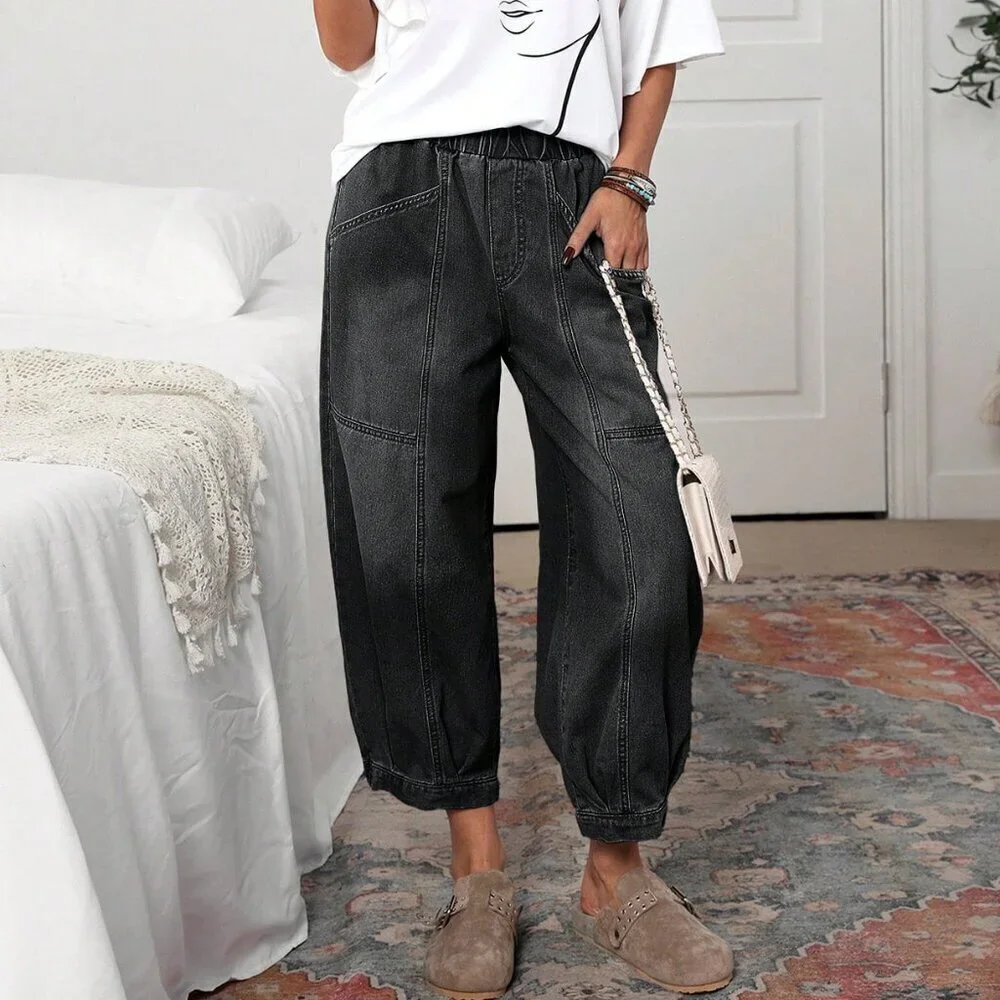 Black Casual Women's Pocket Tapered Loose Jeans - Picture 2 of 6